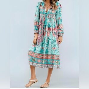R.Vivimos Women's  Floral Print Retro V Neck Tassel‎ Bohemian Midi Dress M 8/10